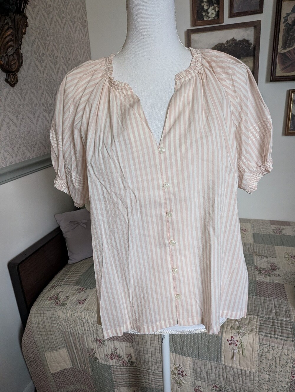Travota by Birds of Paradis Pink Stripe Cotton Blend Pintuck Peasant Blouse S